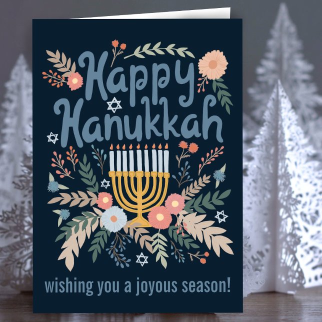 Tarjeta Festiva Hanukkah FLorals PERSONALIZADO de arte dibujado a  (Hanukkah FLorals Hand-drawn Art CUSTOM Holiday Card
)