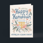 Tarjeta Festiva Hanukkah FLorals PERSONALIZADO de arte dibujado a<br><div class="desc">¡Dulce dibujo para desear a alguien unas vacaciones felices! Haga clic en "personalizar" para cambiar el texto en el interior y en el frente. También puedes cambiar colores y fuentes, todo es personalizable. También disponible en mi tienda en diferentes colores y estilo, como postales, tarjetas planas, y como descarga digital...</div>