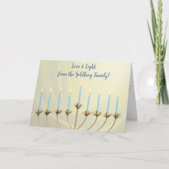 Tarjeta Festiva Hanukkah Gold Menorah y Velas "Amor y Luz" (Anverso)