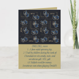 Tarjeta Festiva Hanukkah Gracioso Dreidel Gold y Blue