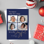 Tarjeta Festiva Hanukkah Joyful Royal Blue Photo Holiday Card<br><div class="desc">These 5" x 7" Hanukkah flat greeting cards feature placeholders for four of your favorite photos,  family name and year. The greeting is,  "No matter what life brings,  let us be Joyful. The word,  Joyful,  non-editable text is highlighted in gold calligraphy letters on a royal blue background.</div>