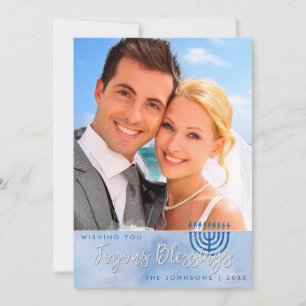 Tarjeta Festiva Hanukkah Joyous bendice la acuarela azul