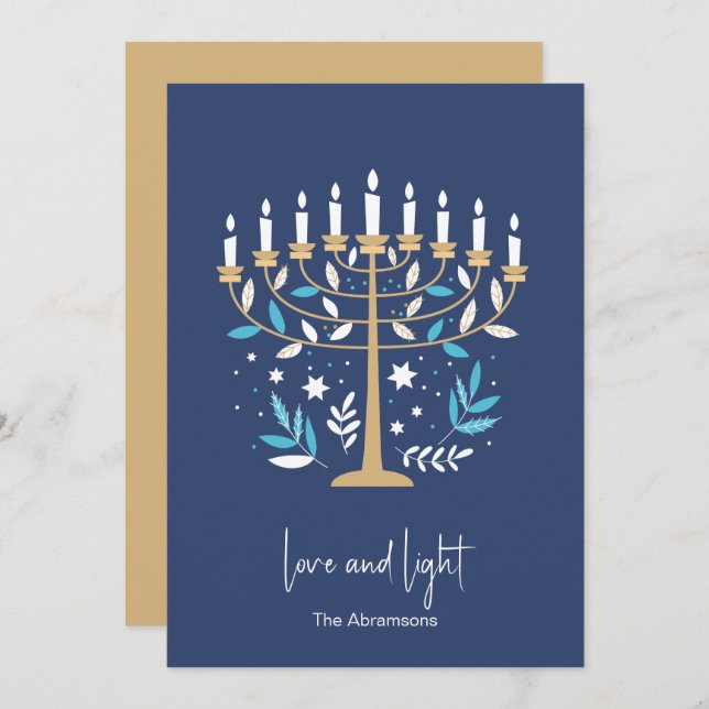 Tarjeta Festiva Hanukkah Love & Light Floral Menorah Card (Anverso / Reverso)