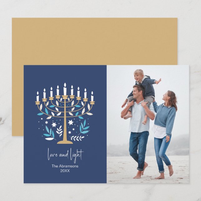 Tarjeta Festiva Hanukkah Love & Light Floral Menorah Photo Card (Anverso / Reverso)