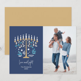 Tarjeta Festiva Hanukkah Love & Light Floral Menorah Photo Card