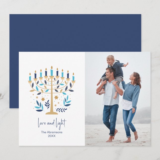 Tarjeta Festiva Hanukkah Love & Light Floral Menorah Photo Card (Anverso / Reverso)