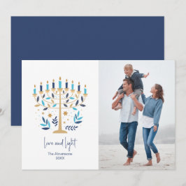 Tarjeta Festiva Hanukkah Love & Light Floral Menorah Photo Card