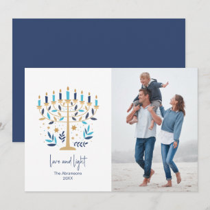 Tarjeta Festiva Hanukkah Love & Light Floral Menorah Photo Card