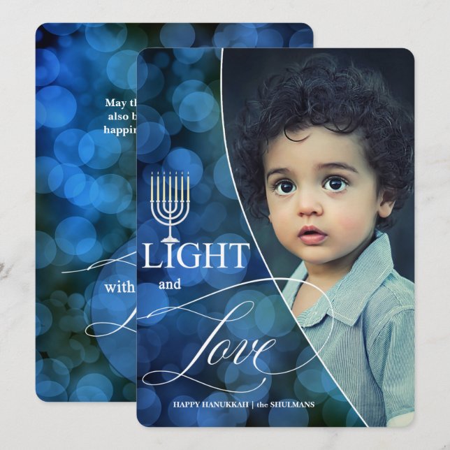Tarjeta Festiva Hanukkah Luz y amor con nombre y foto (Anverso / Reverso)