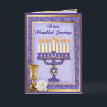 Tarjeta Festiva Hanukkah Menorah Blessings<br><div class="desc">Richly detalló la tarjeta Hanukkah con Menorah,  Star of David ,  cáliz y Rosa.</div>