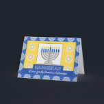 Tarjeta Festiva Hanukkah Menorah para los abuelos Estrella de Davi<br><div class="desc">Una menorah plateada con velas azules sobre un fondo ornamental decora la cubierta de esta tarjeta Happy Hanukkah para los abuelos. La tarjeta tiene un aspecto de textura de mosaico. Arte,  imagen y verso copyright © Shoaff Ballanger Studios,  2023.</div>