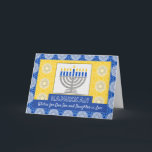 Tarjeta Festiva Hanukkah Menorah para su hijo y su hija en la ley<br><div class="desc">Una menorah plateada con velas azules sobre un fondo ornamentado decora la cubierta de esta tarjeta Happy Hanukkah para su hijo y su hija en la ley. La tarjeta tiene un aspecto de textura de mosaico. Arte,  imagen y verso copyright © Shoaff Ballanger Studios,  2023.</div>