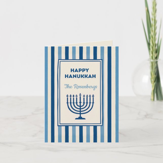 Tarjeta Festiva Hanukkah Menorah Stripes Trendy Custom  (Anverso)