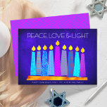 Tarjeta Festiva Hanukkah Moderno Boho Velas de Paz Luz de Amor Azu<br><div class="desc">"Paz, amor y luz". Un ilustracion juguetón, moderno y artístico de velas de patrón boho en una menorah te ayuda a iniciar las vacaciones de Hanukkah. Las variadas velas azules con coloridos patrones de Relieve metalizado falsos superponen un rico fondo azul en textura. Relieve metalizado falso rosado rosado de patrón...</div>