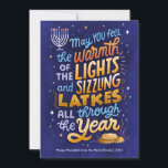 Tarjeta Festiva Hanukkah no foto de Light and Latkes<br><div class="desc">Tarjeta no fotográfica,  que incluye un sentimiento Hanukkah brillante y colorido,  con letras a mano,  con linternas y luces de la menorah. El lado inverso tiene un patrón de coordinación y se pueden agregar fotos familiares.</div>