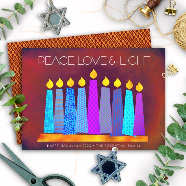 Tarjeta Festiva Hanukkah Patrón Boho Velas de paz Luz de amor rojo (Subido por el creador)