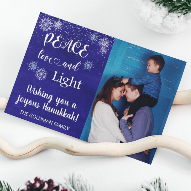 Tarjeta Festiva Hanukkah Peace Love Light Photo Snowflake Blue (Subido por el creador)