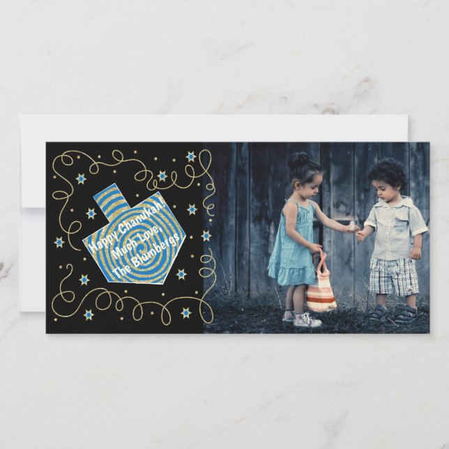 Tarjeta Festiva Hanukkah Photo Card "Dreidel Spinner" (Anverso)