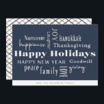 Tarjeta Festiva Hanukkah saluda a la marina de vacaciones de oro<br><div class="desc">Collage de saludos de feriados,  Felices Fiestas,  Hanukkah,  Año Nuevo,  Buena Voluntad,  Risas,  Felicidad,  Namaste,  Alegría,  Paz,  Amor,  Acción de Gracias,  Familia,  Y Dar. Personalizar con su nombre y año.</div>