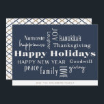 Tarjeta Festiva Hanukkah saluda a la marina de vacaciones de oro<br><div class="desc">Collage de saludos de feriados,  Felices Fiestas,  Hanukkah,  Año Nuevo,  Buena Voluntad,  Risas,  Felicidad,  Namaste,  Alegría,  Paz,  Amor,  Acción de Gracias,  Familia,  Y Dar. Personalizar con su nombre y año.</div>