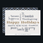 Tarjeta Festiva Hanukkah Saludos Holiday Blue Gold<br><div class="desc">Collage de saludos de feriados,  Felices Fiestas,  Hanukkah,  Año Nuevo,  Buena Voluntad,  Risas,  Felicidad,  Namaste,  Alegría,  Paz,  Amor,  Acción de Gracias,  Familia,  Y Dar. Personalizar con su nombre y año.</div>