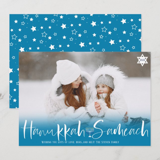 Tarjeta Festiva Hanukkah Sameach guión superpuesto azul menorah fo (Anverso / Reverso)