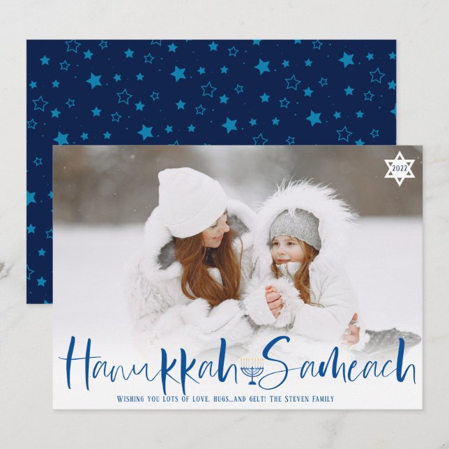 Tarjeta Festiva Hanukkah Sameach guión superpuesto menorah foto (Anverso / Reverso)
