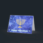Tarjeta Festiva Hanukkah Snowstorm Menorah<br><div class="desc">Un brillante oro Hanukkah menorah y "Happy Hanukkah" en un brillante texto azul y blanco superpuesto en una imagen fractal azul y blanco que recuerda a copos de nieve en una tormenta. ¡Chag Sameach!</div>