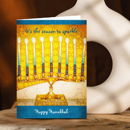 Tarjeta Festiva Hanukkah Temporada de Menorah dorada amarilla para