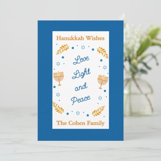 Tarjeta Festiva Hanukkah Wishes – Love Light and Peace Family  (Anverso de pie)