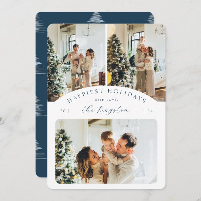 Tarjeta Festiva Happiest Holidays | Navy Blue 3 Photo Rounded (Anverso / Reverso)