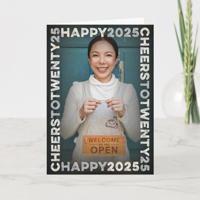 Tarjeta Festiva Happy 2025 Blocks Frame Typography, foto de Año Nu (Anverso)