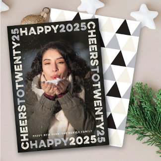 Tarjeta Festiva Happy 2025 Blocks Frame Typography, foto de Año Nu