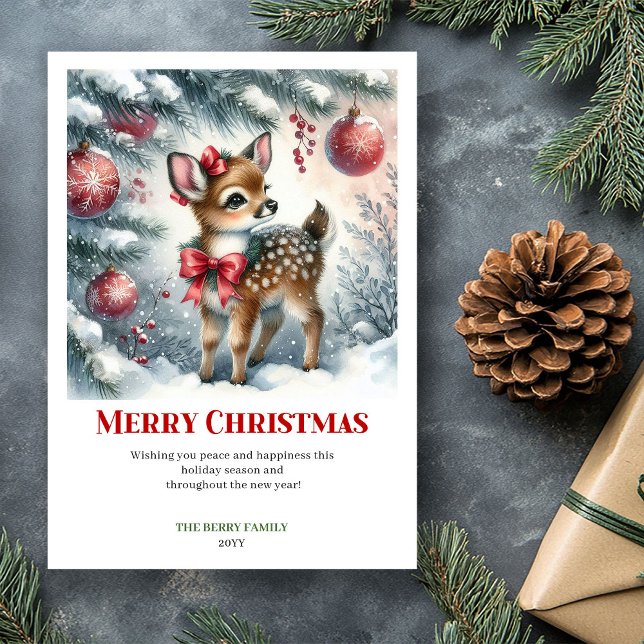 Tarjeta Festiva Happy baby deer winter scene snowy forest greeting (Happy baby deer winter scene snowy forest greeting card)