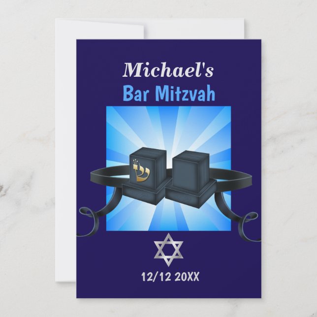 Tarjeta Festiva Happy Bar Mitzvah 20XX Tefillin Blue Personalizado (Anverso)