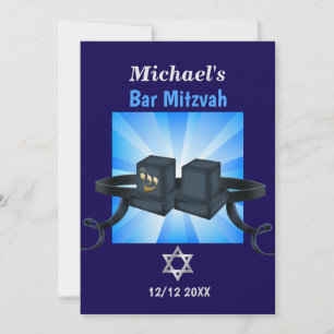 Tarjeta Festiva Happy Bar Mitzvah 20XX Tefillin Blue Personalizado