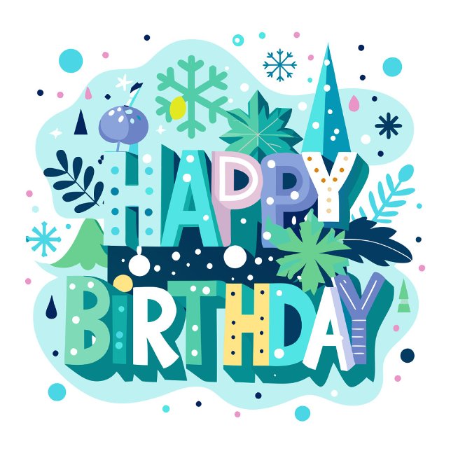 Tarjeta Festiva Happy Birthday  (The Happy Birthday Card features a whimsical winter landscape with stylized trees and plants.)