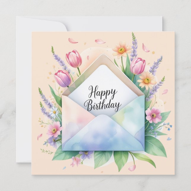 Tarjeta Festiva Happy birthday & beautiful flowers greeting card (Anverso)