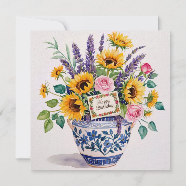 Tarjeta Festiva Happy birthday & bouquet of flowers  holiday card (Anverso)