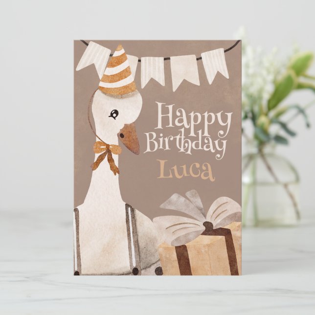 Tarjeta Festiva Happy Birthday Card Goose with birthday gift (Anverso de pie)