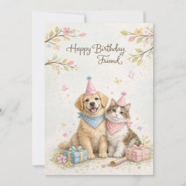 Tarjeta Festiva Happy Birthday Friend Card | Cute Cat & Dog Best F