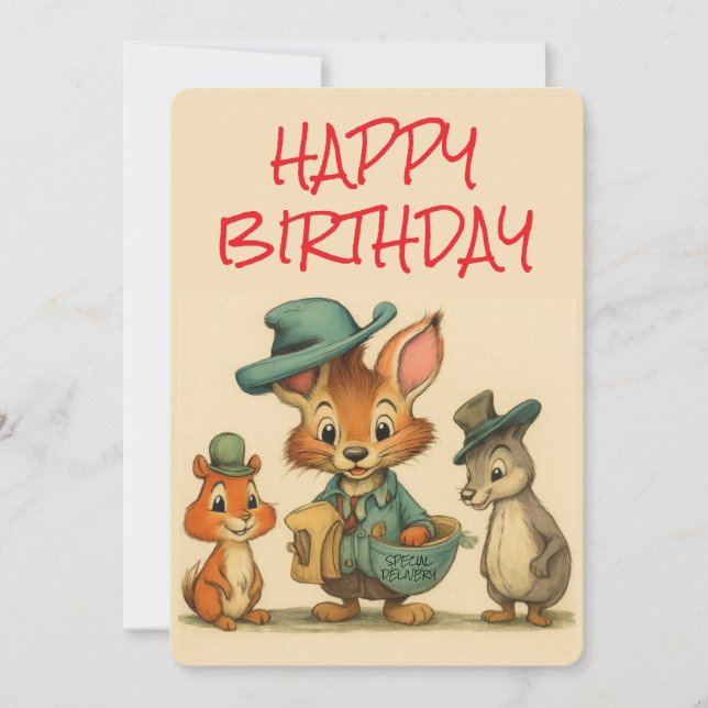 Tarjeta Festiva Happy Birthday Funny Cute Cartoon Animal Couriers  (Anverso)