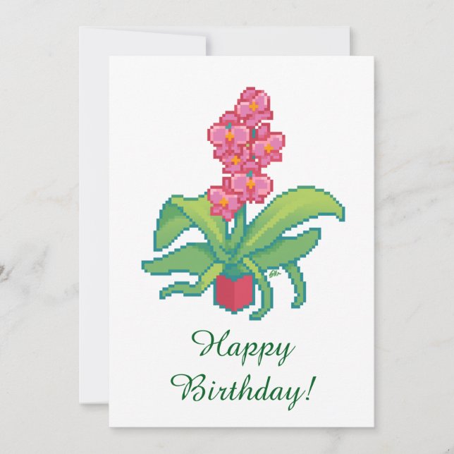 Tarjeta Festiva Happy Birthday, orchid pixelart, Pixel Art  (Anverso)