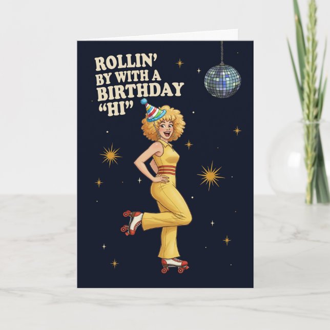 Tarjeta Festiva Happy Birthday Retro Disco Roller Skate Woman (Anverso)