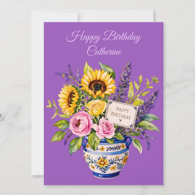 Tarjeta Festiva Happy Birthday. Watercolour bouquet. Greeting Card (Anverso)