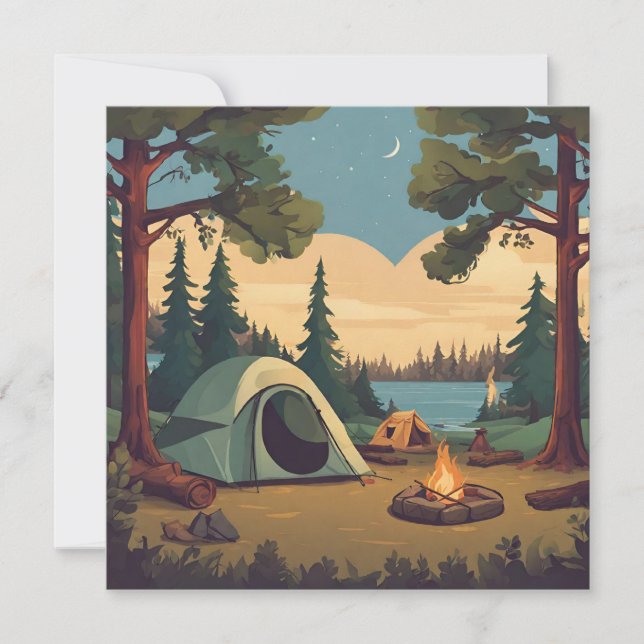 Tarjeta Festiva Happy Camping Tent and Campfire (Anverso)