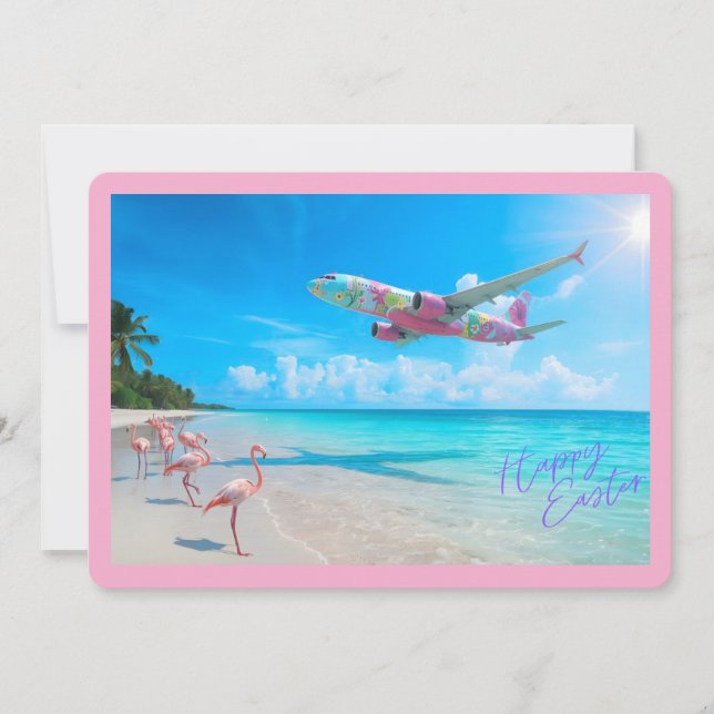 Tarjeta Festiva Happy Easter Airplane Over Beach with Flamingos (Anverso)
