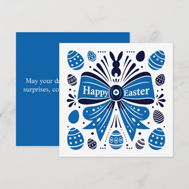 Tarjeta Festiva Happy Easter Blue Bow Folk Art Bunny & Eggs Spring (Anverso / Reverso)