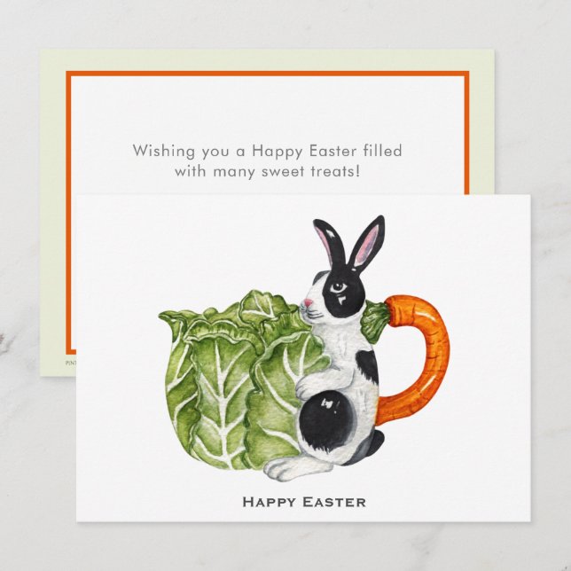 Tarjeta Festiva Happy Easter Bunny Carrot Teapot Holiday card (Anverso / Reverso)