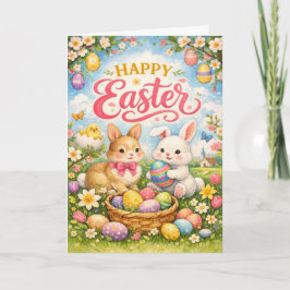 Tarjeta Festiva Happy Easter Bunny Eggs Garden
